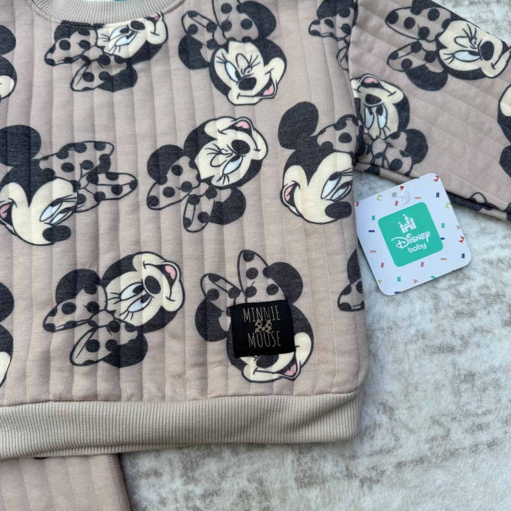Disney Baby Minnie Mouse 2-Piece Quilted Set 24M Tan Black Sweatshirt Joggers - Picture 4 of 7
